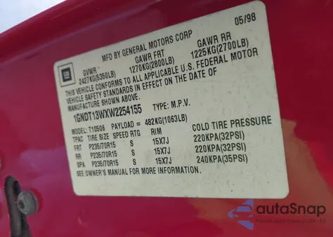 1998 Chevrolet Blazer Lt from USA, damaged, VIN 1GNDT13WXW2254155